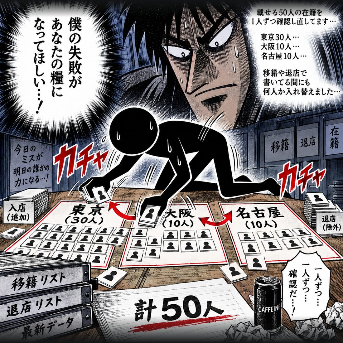 載せる50人(東京30・大阪10・名古屋10)の在籍を、1人ずつ確認し直している漫画。