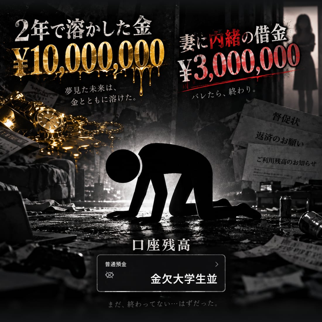 2年で溶かした金1,000万円。妻に内緒の借金300万円。口座残高は金欠の大学生並み。